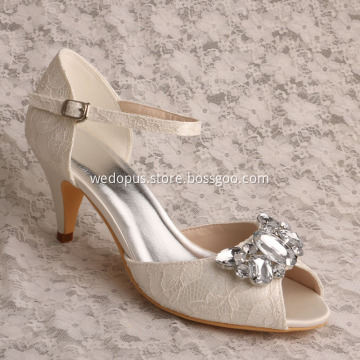 Mary Jane Lace and Crystal Wedding Shoe Ivory Lace
